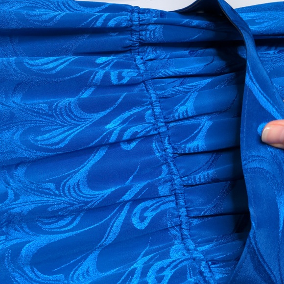 Vintage 80s 90s cobalt blue shimmer paisley button down pleated dress w belt - Picture 7 of 8